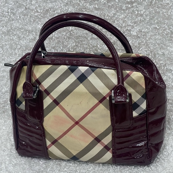 Burberry Nova Check Handbag with Burgundy patent - Picture 1 of 16